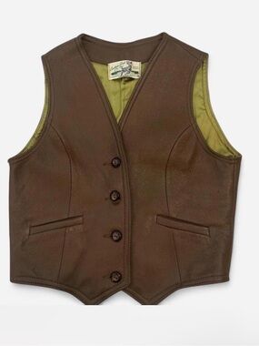 TrueVintage Brown Leather Button Front Vest with Olive Lining: Deerskin Leather
